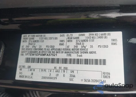 2021 Ford F-150 Xl from USA, damaged, VIN 1FTEW1EPXMFA57521